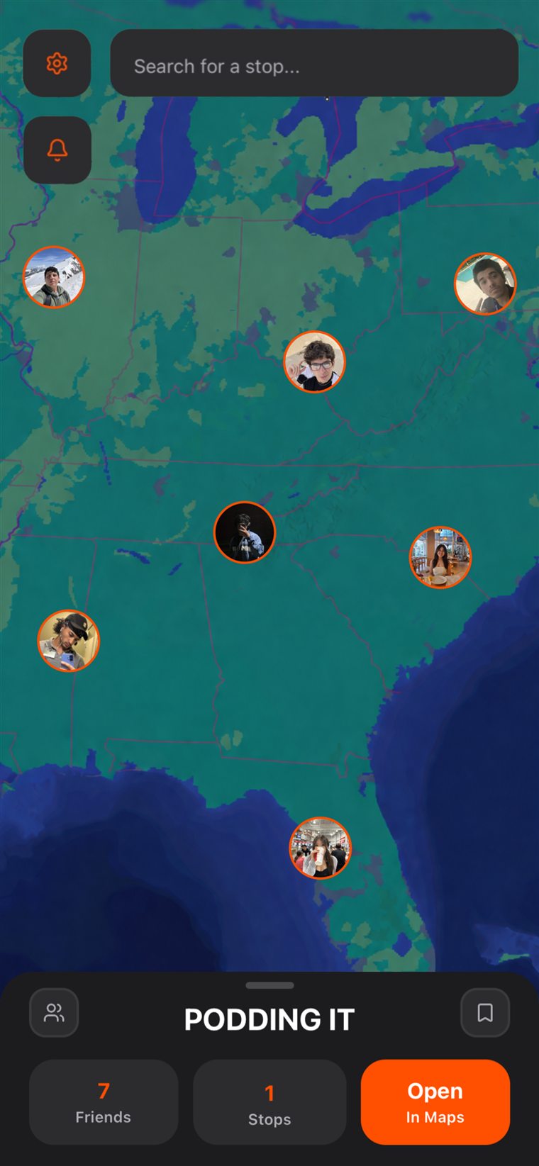 Pod's live map, showing a pod's friends as photo pins across a map