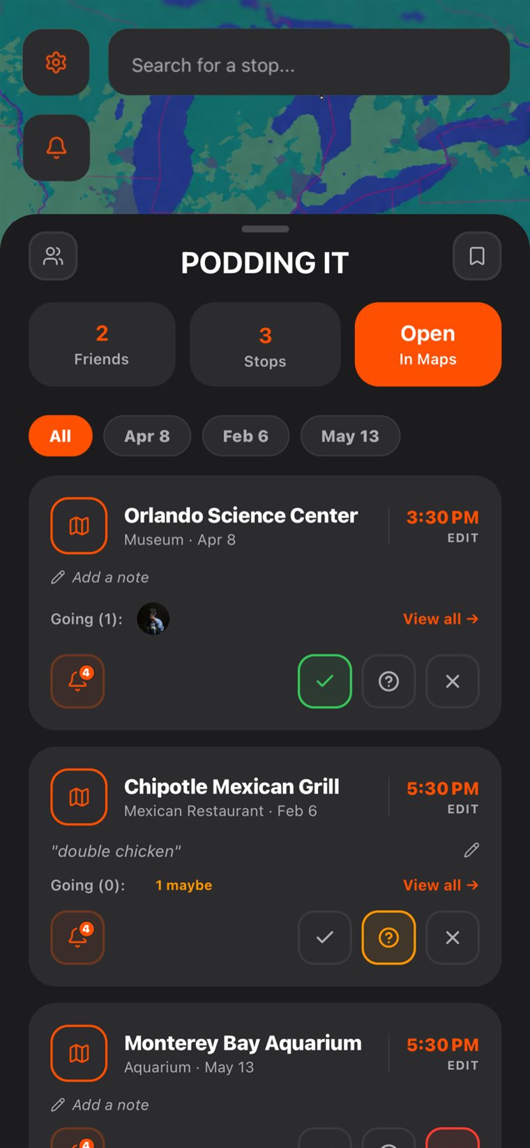 A pod's plan sheet listing upcoming stops with times and RSVPs