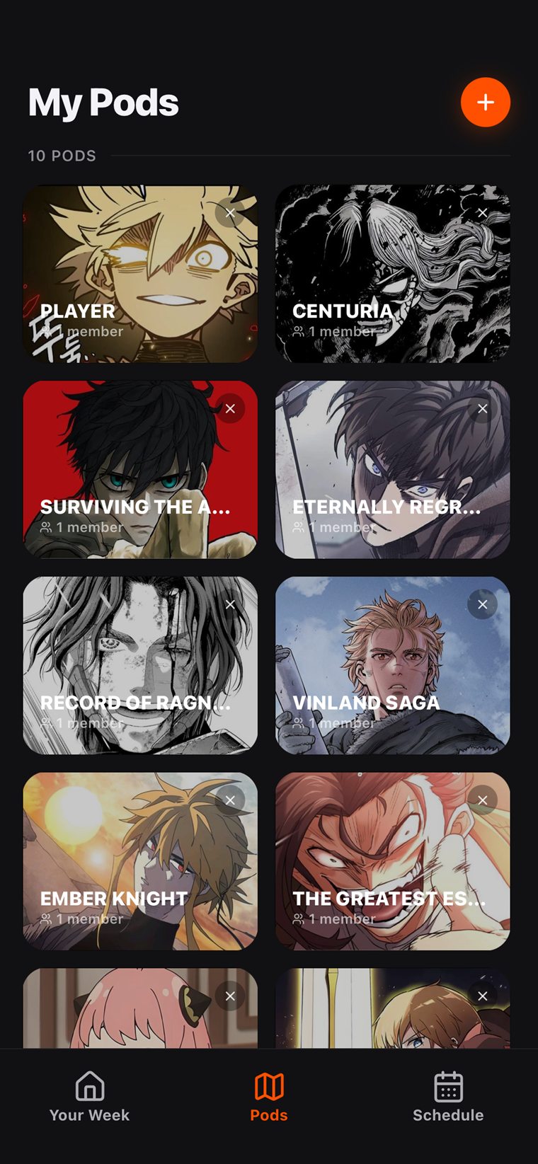 A grid of a user's pods, each with its own name and cover image