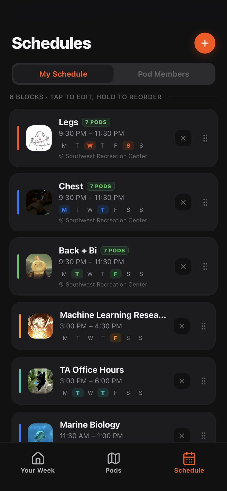 A weekly schedule showing shared and private time blocks